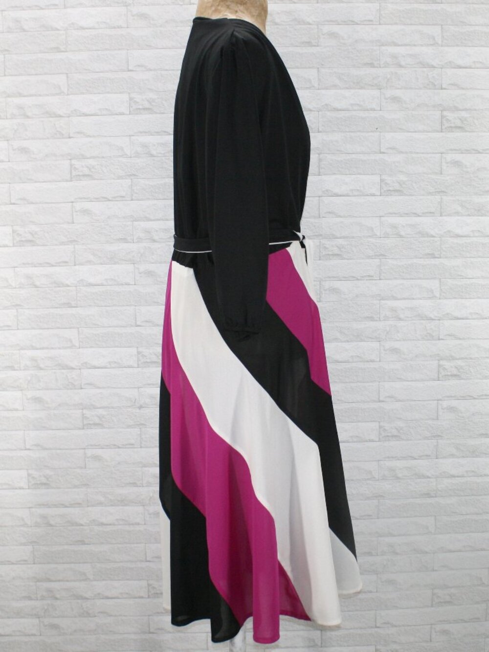 VINTAGE Dress Midi Colorblock Cross Over Striped Skirt Black Pink Plus Size 16 - Picture 3 of 15